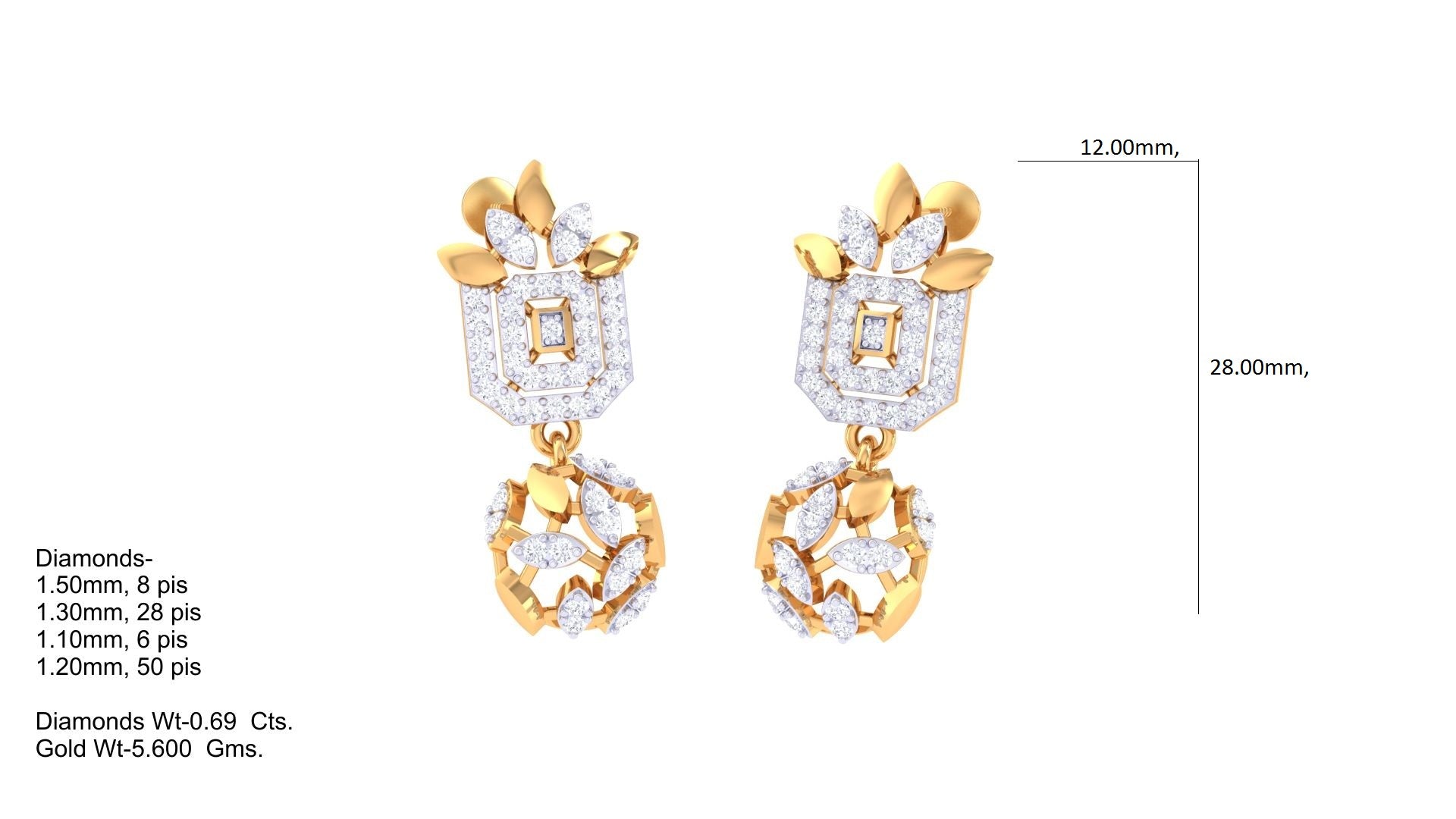 Square Top Circular Diamond Drop Earrings