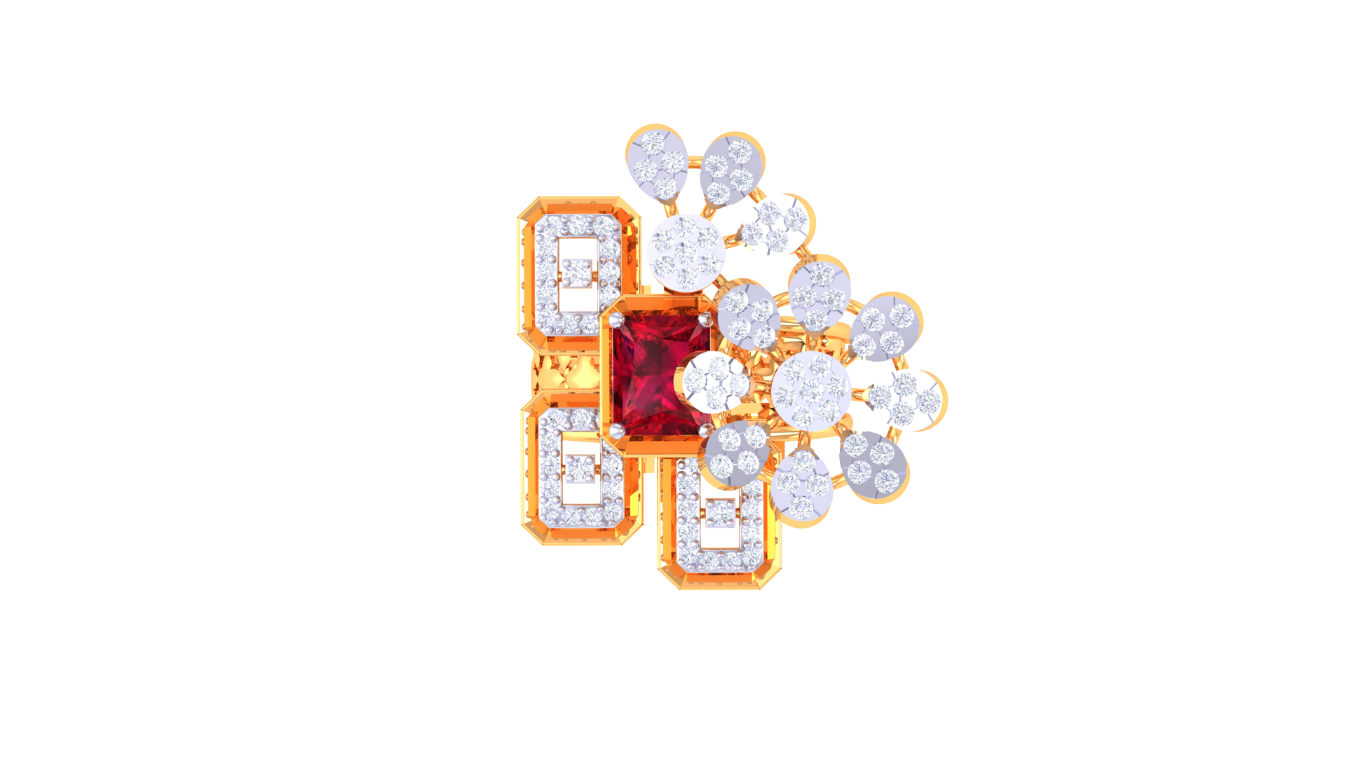 Ruby Blossom Geometric Halo Ring