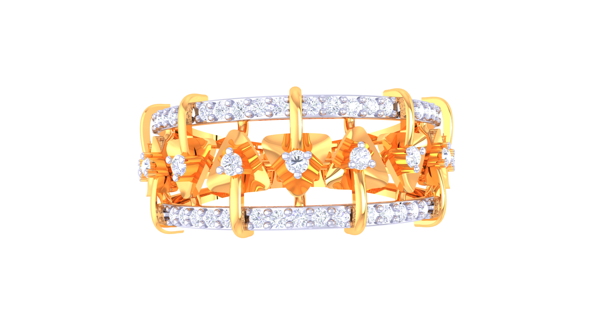 Gold ring with diamond accents on a white background