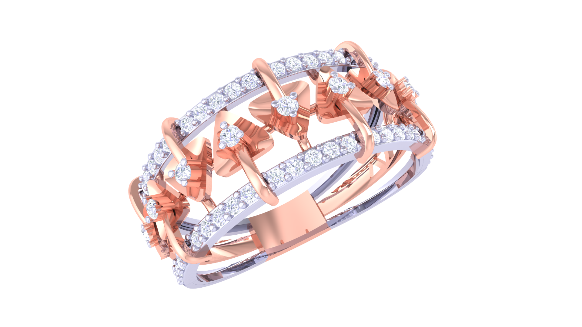 Rose gold and silver ring with diamond accents on a white background