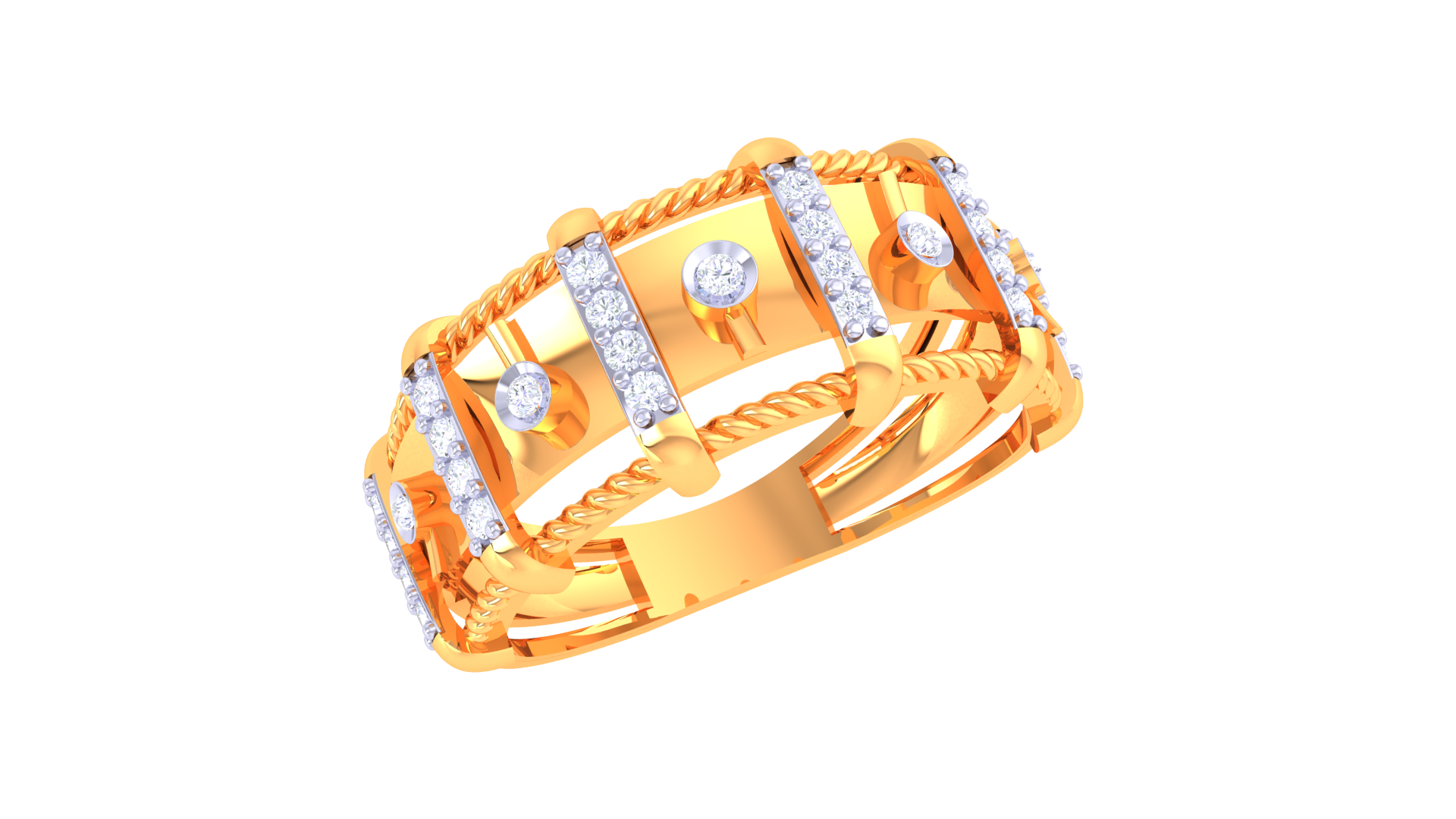 Gold ring with diamond accents on a white background