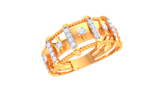 Gold ring with diamond accents on a white background