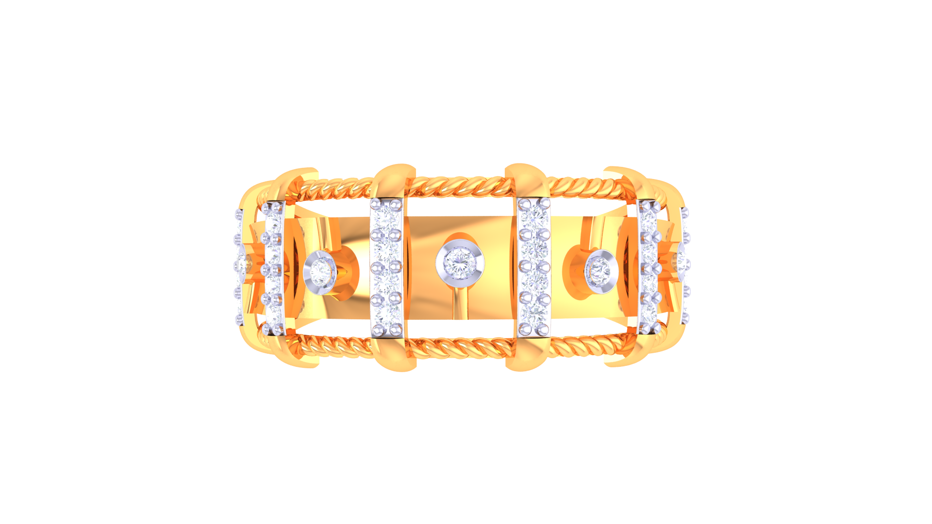Gold ring with diamond accents on a white background