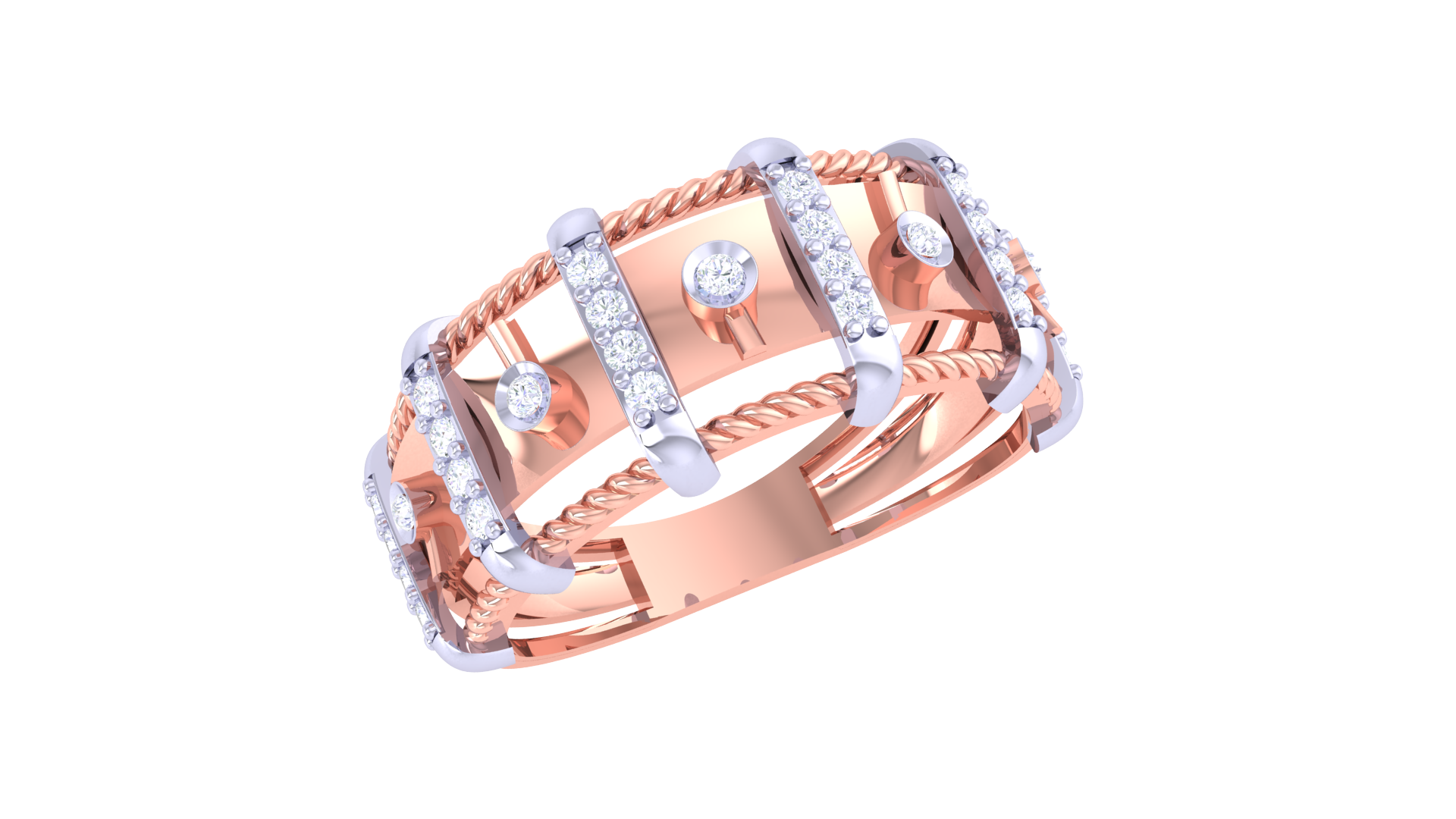 Rose gold ring with diamonds on a white background