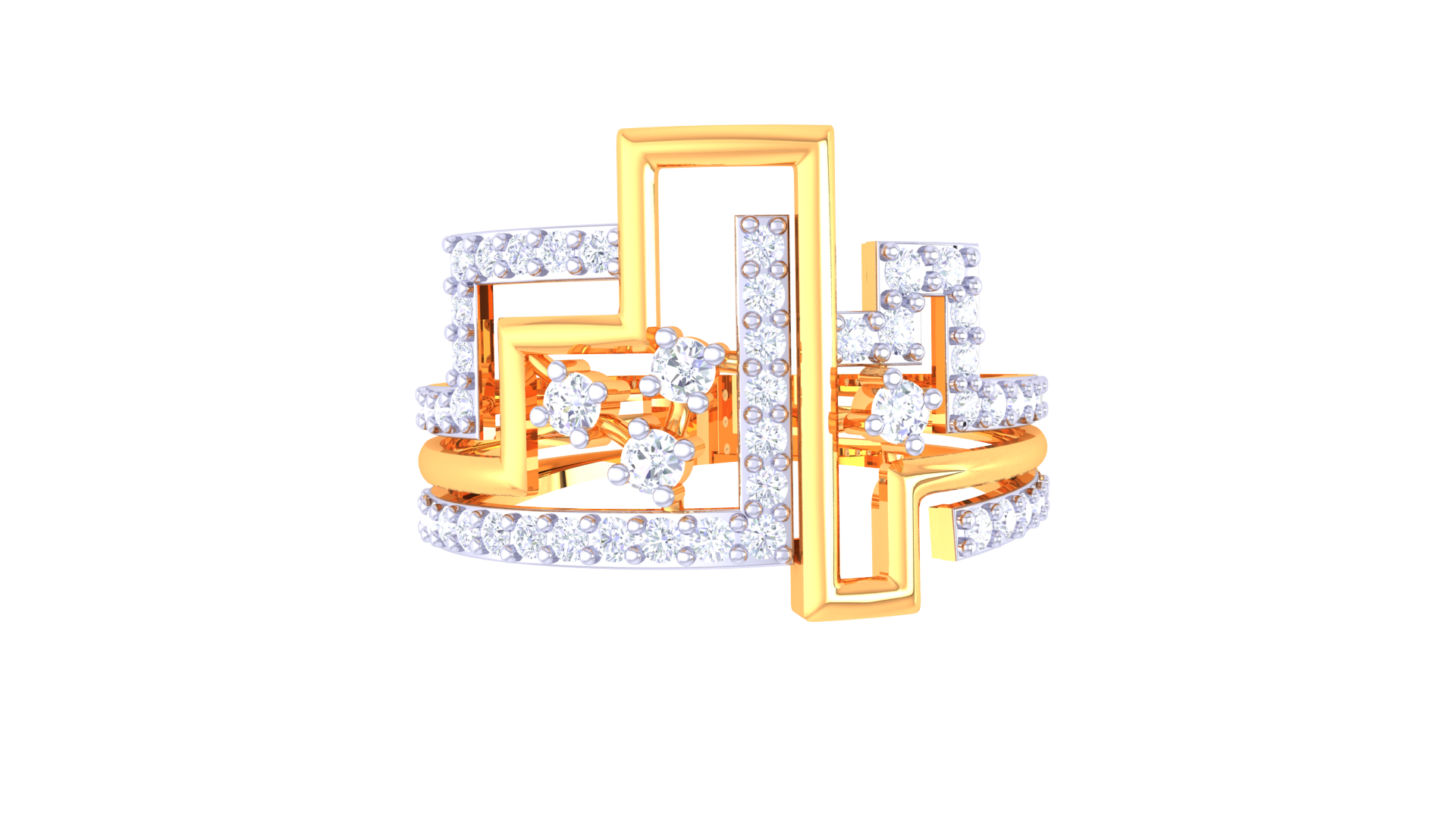 Geometric Cluster Diamond Open Band Ring in Yellow Gold